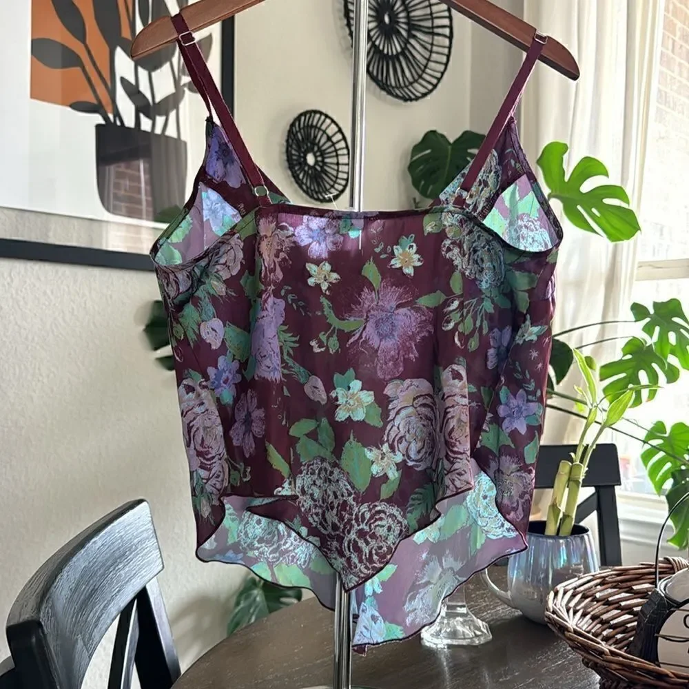 NWOT Free People Cami Floral Hanky Style Adjustable Straps Burgundy V Neck Tank
